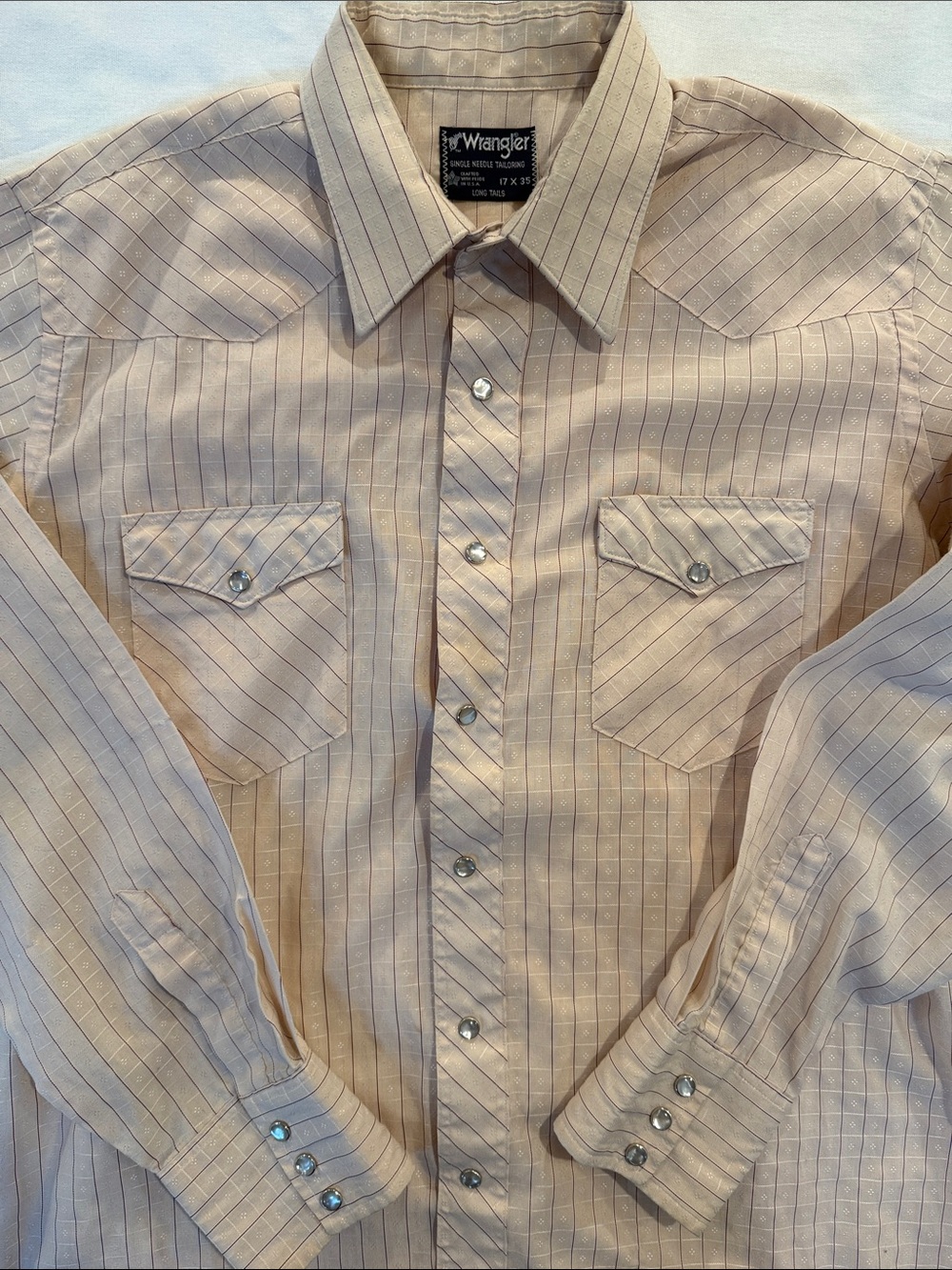 80s Vintage Wrangler Pearl Snap Western Shirt Pinstripe Cream USA Made 17x35